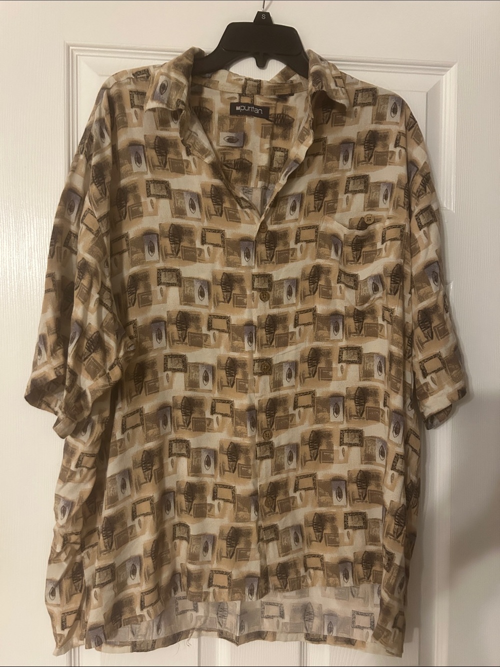Men’s camp shirt Beige and Brown Geometric Short-Sleeve Button Shirt